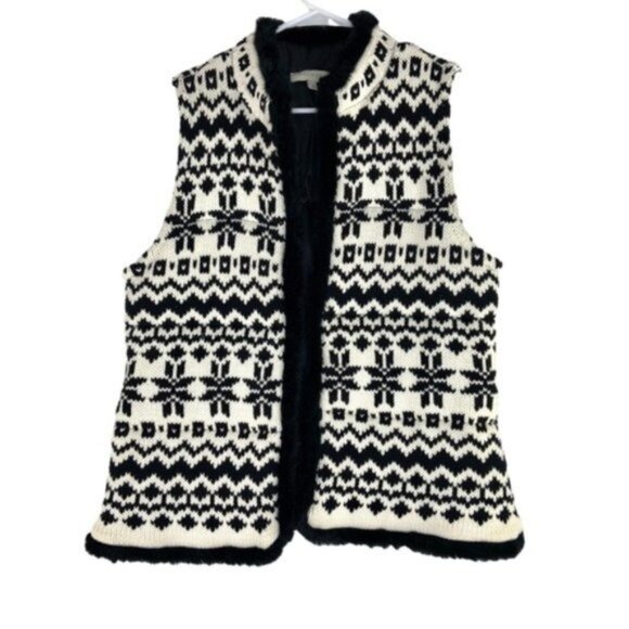 Talbots Knit Fair Isle Sweater with Fur Trim Black White - Picture 2 of 6